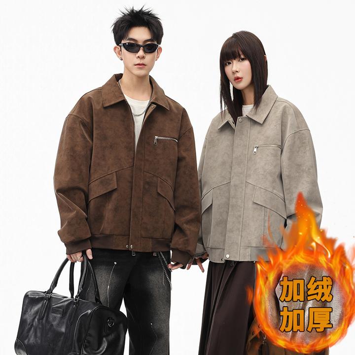 美式外套加绒加厚上衣翻领保暖港风皮衣夹克秋冬季休闲复古单排扣