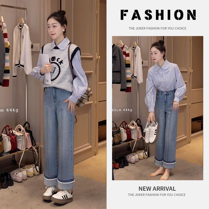 早春时尚一整套女装2025新款韩版衬衫卡通针织马甲牛仔裤三件套潮
