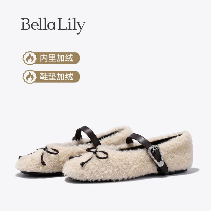 BellaLily冬季新款蝴蝶结羊毛玛丽珍单鞋女小香风加绒平底鞋