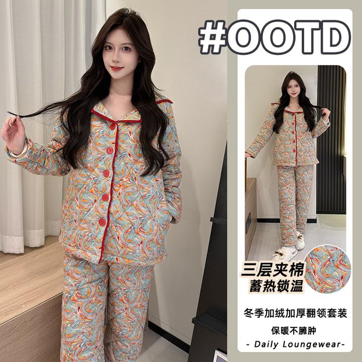 2025冬季新款三层夹棉加绒加厚连帽可外穿女款保暖家居服套装