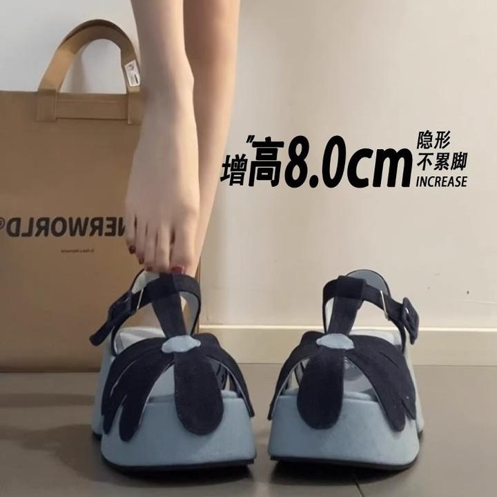 【怪美主义】包头罗马厚底凉鞋女2025夏新款牛仔布镂空小个子坡跟