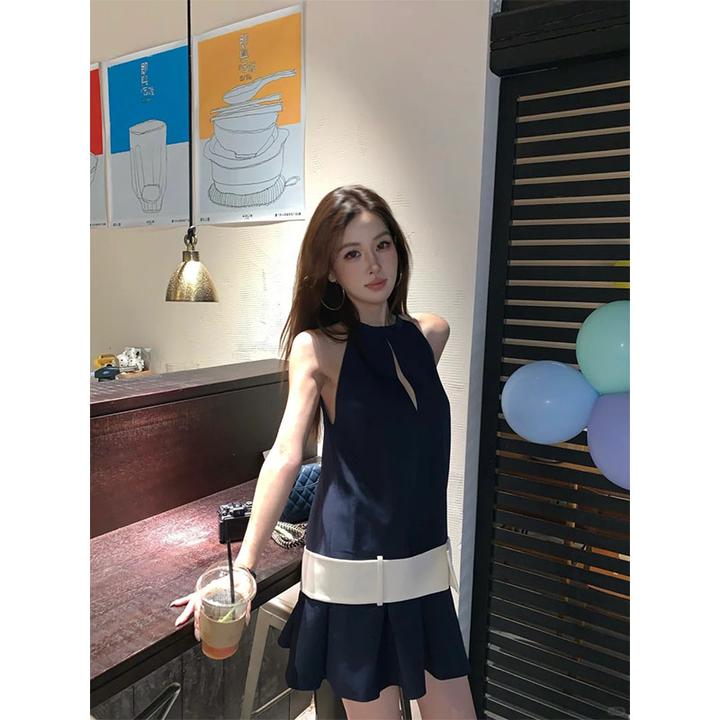 【蓝调浮现】2025夏季新款休闲百搭蝴蝶结宽腰带A字百褶摆连衣裙女