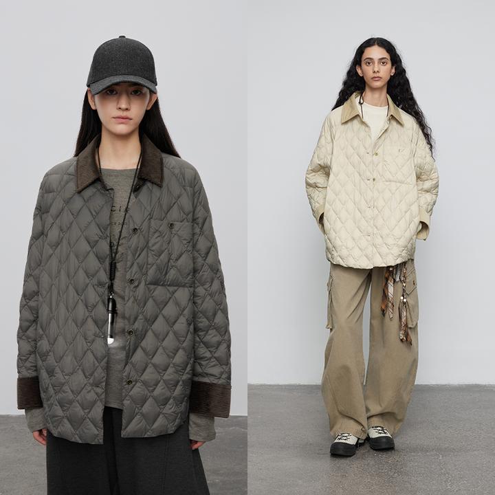 半圆灯芯绒面料女装[复古]2025秋冬宽松休闲拼接羽绒服D5621731