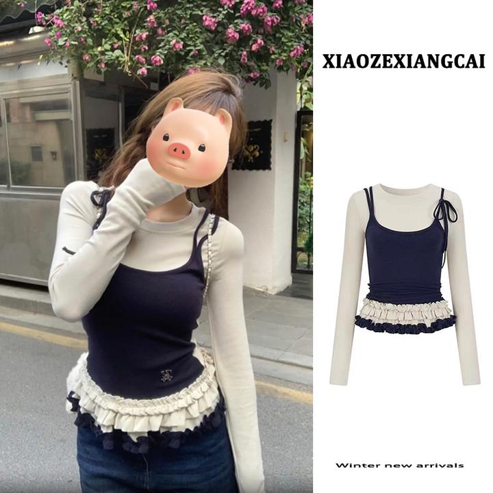 2025早春新款撞色假两件长袖T恤女修身内搭花边打底衫芭蕾风上衣