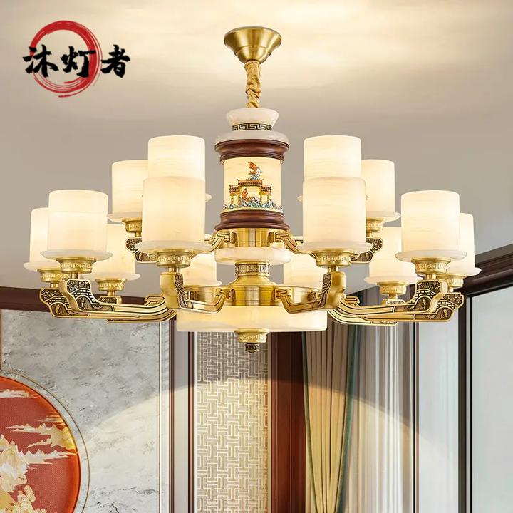 新中式全铜客厅玉石吊灯禅意大厅主灯简约家用别墅复式楼大气吊灯