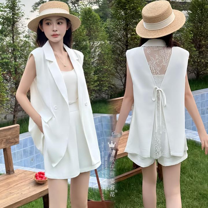 设计感时尚套装女夏季新款蕾丝气质系带结无袖马甲西装露背两件套