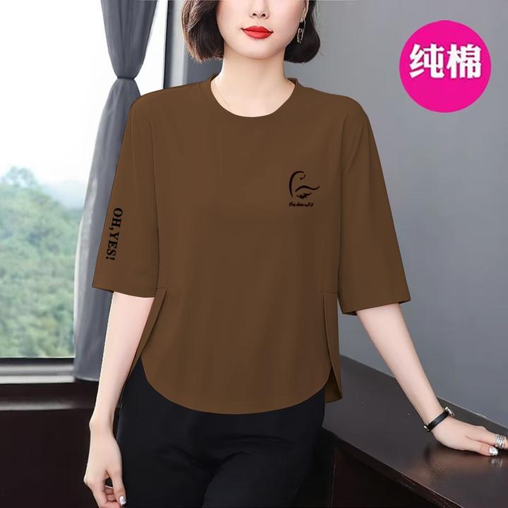 纯棉休闲七分袖t恤女夏秋新款宽松显瘦不规则百搭中年遮肚上衣潮