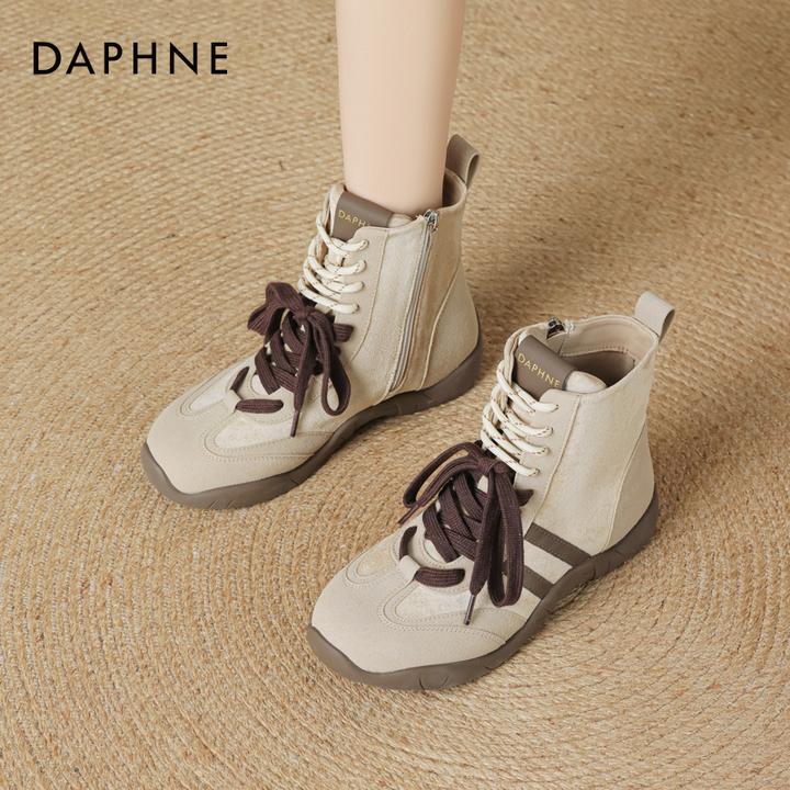 达芙妮厚底高帮鞋女2025新款秋季超火双系带短靴休闲百搭马丁短靴