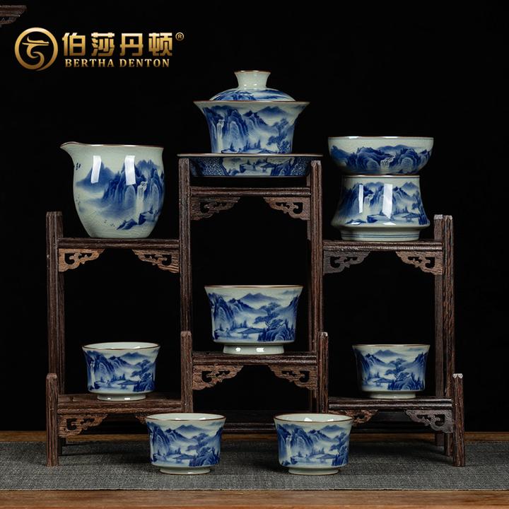 BERTHA DENTON老陶泥青花瓷高山流水三才盖碗茶杯子组合陶瓷泡茶
