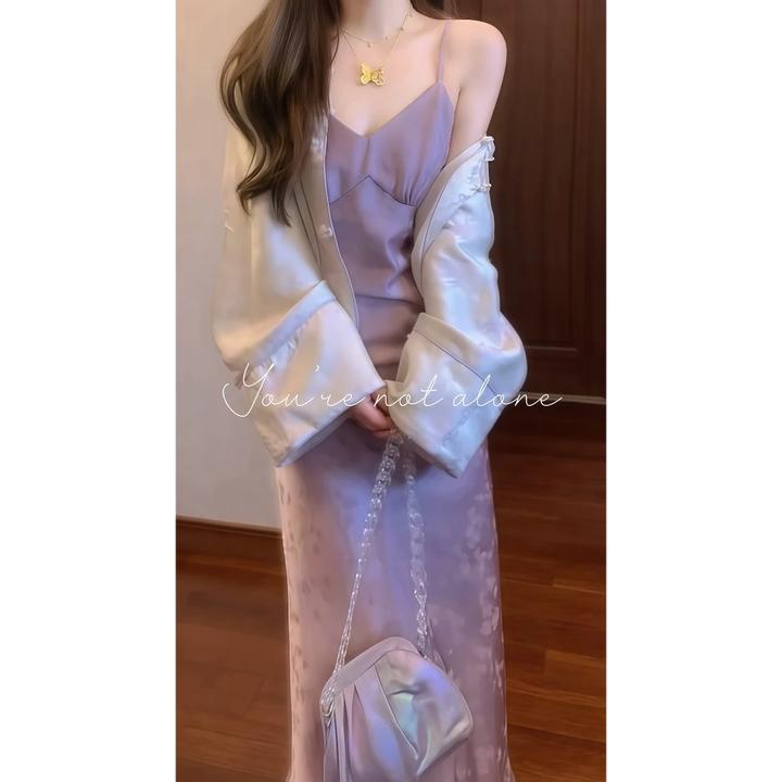 2024入秋中式外套女超好看复古盘扣新国风上衣女紫色吊带裙两件套