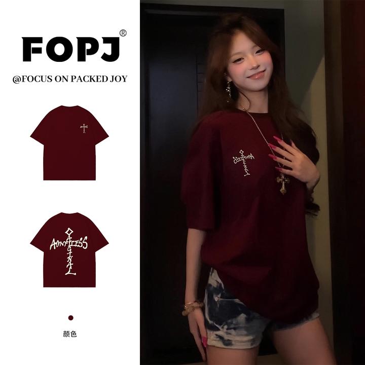 FOPJ美式时尚印花圆领短袖T恤女夏季宽松休闲慵懒风潮流半袖上衣