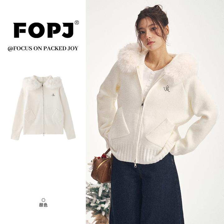 FOPJ刺绣款韩系毛领连帽针织衫女秋冬新款休闲百搭双拉链毛衣外套