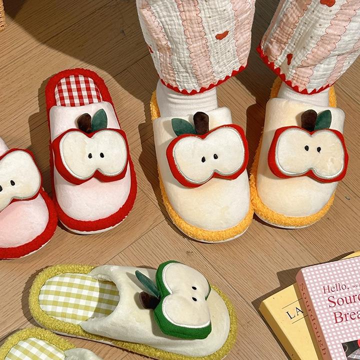 女士卡通防滑棉拖苹果棉拖鞋冬季可爱布艺软底棉鞋室内家居保暖鞋