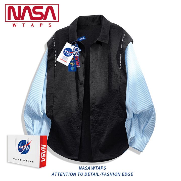 NASA WTAPS美式假两件拼接条纹衬衫男款秋季潮牌小众设计感衬衣男