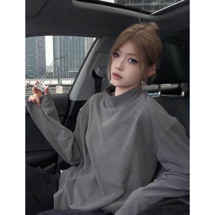 裁片解构半高领德绒打底衫男女秋冬新款保暖宽松长袖T恤内搭卫衣