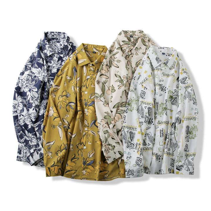 衬衫宽松男士印花春秋长款落肩袖长袖百搭复古时尚夏季日系-952