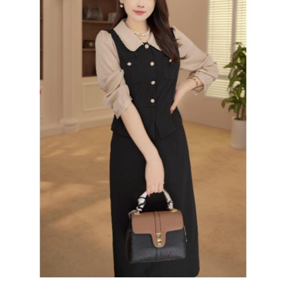 A047#气质假两件连衣裙2025春季新款收腰显瘦中长裙子