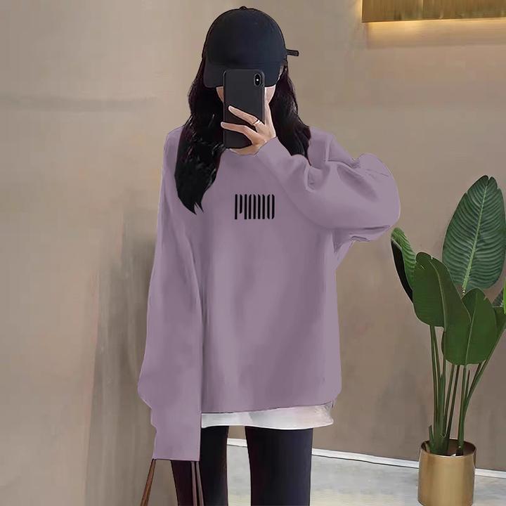 假两件圆领卫衣女2025秋冬新款宽松中长款遮屁股加绒加厚拼接上衣