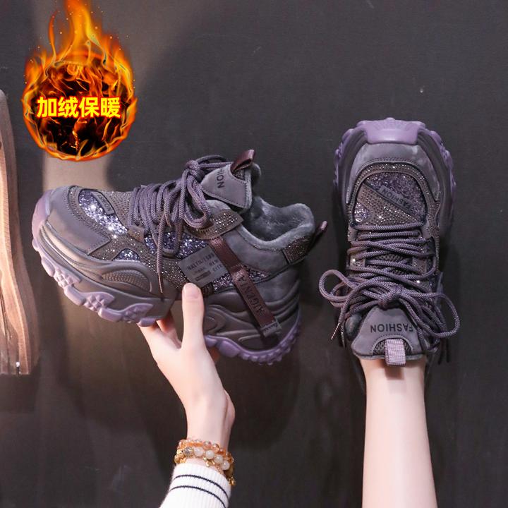 网红时尚亮片老爹鞋冬款加绒2025新款高帮鞋厚底百搭休闲运动鞋