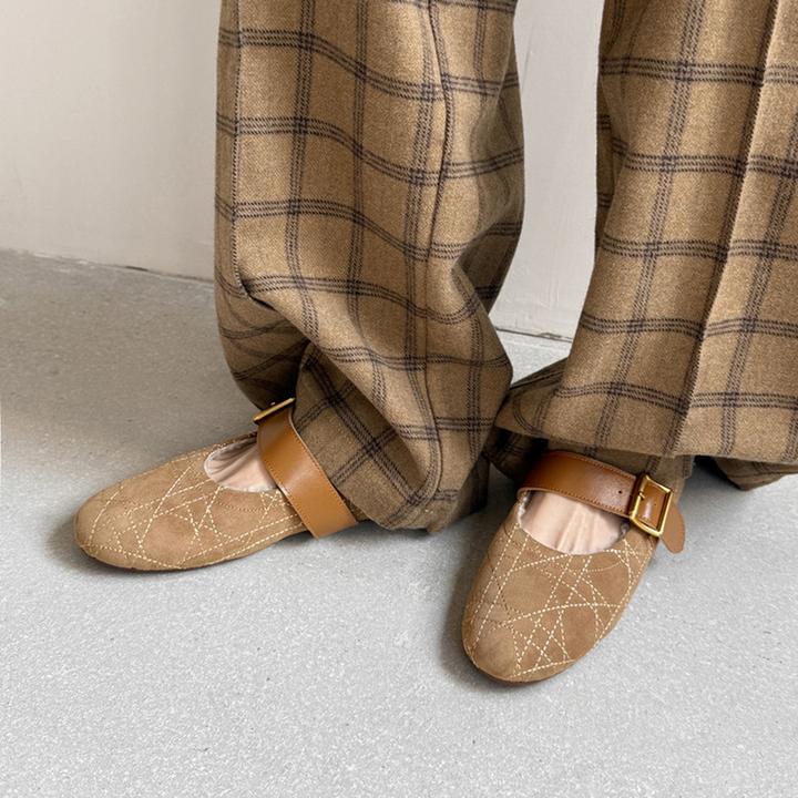 菱格一字扣带毛毛芭蕾舞鞋平底鞋女2025新款加绒保暖玛丽珍单鞋