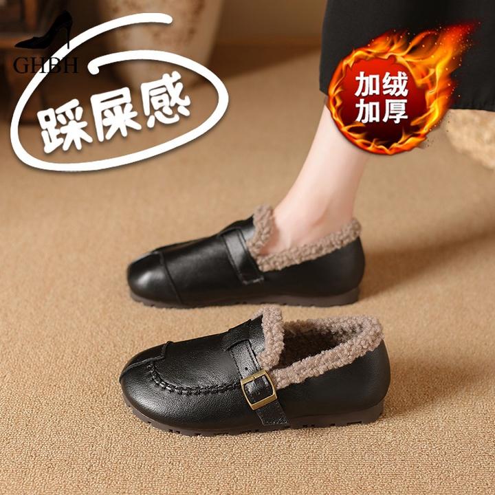 加绒豆豆鞋女冬季新款外穿保暖毛毛棉鞋黑色防滑工作鞋妈妈鞋