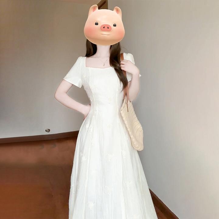 大码法式温柔风方领连衣裙子女春夏季海边度假收腰气质显瘦长裙