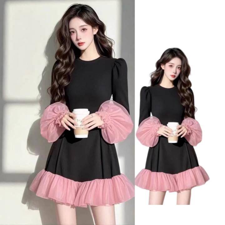 2025早春装女季富家千金感穿搭网纱拼接下摆收腰连衣裙黑色裙子