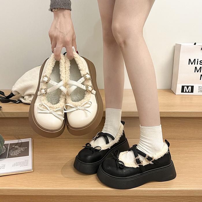 南在南方黑色法式粗高跟玛丽珍鞋女2025新款秋冬增高保暖加绒棉鞋