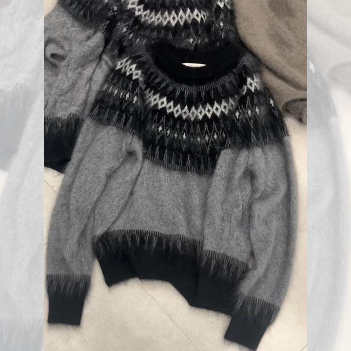 独特漂亮灰色费尔岛小衫外出新款毛衣女装秋冬洋气高贵针织衫上衣