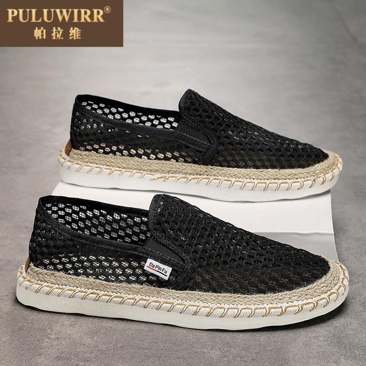 男鞋夏季网眼透气薄款网面网鞋一脚蹬老北京布鞋黑色镂空运动潮鞋