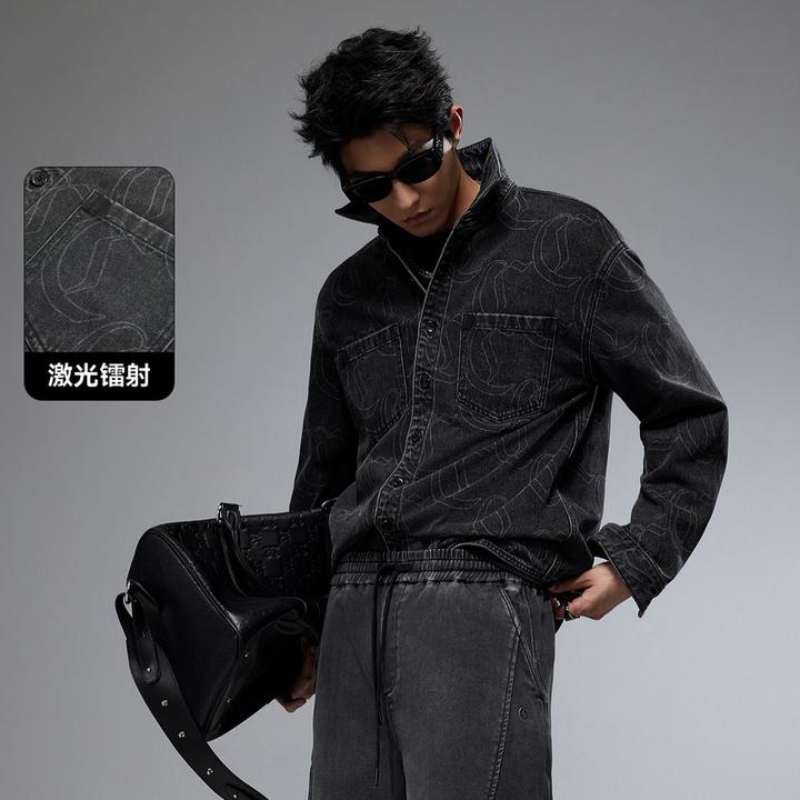 【激光镭射老花】卡宾男装宽松牛仔长袖衬衫秋季休闲复古翻领外套