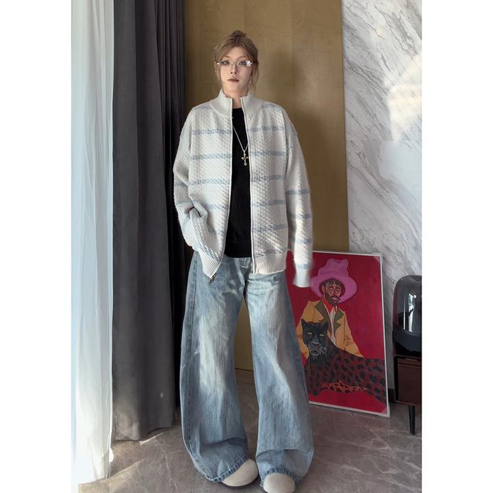 美式复古立领开衫条纹毛衣男秋冬季针织衫高级感cleanfit情侣外套