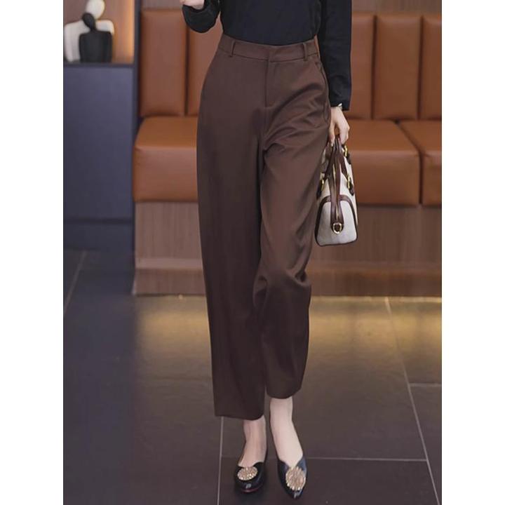 咖色西装裤秋季薄款女宽松直筒休闲裤大码高腰显瘦垂感萝卜哈伦裤