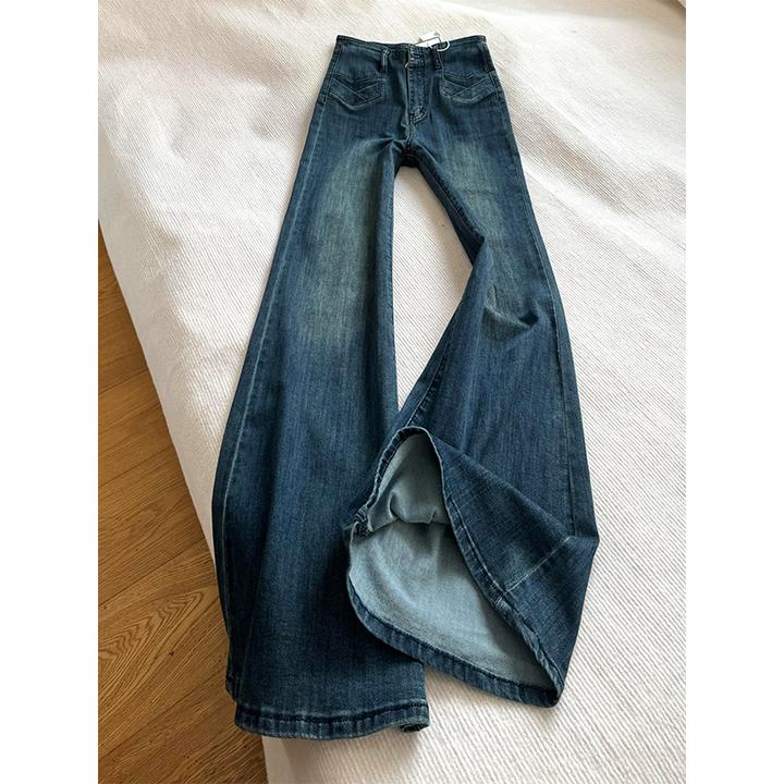 韩版高腰设计感显瘦微喇牛仔裤女秋季新款复古水洗宽松垂感阔腿裤