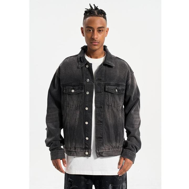 新款！高街巴黎风格闪电破坏潮牌水洗做旧廓形牛仔夹克男秋季外套