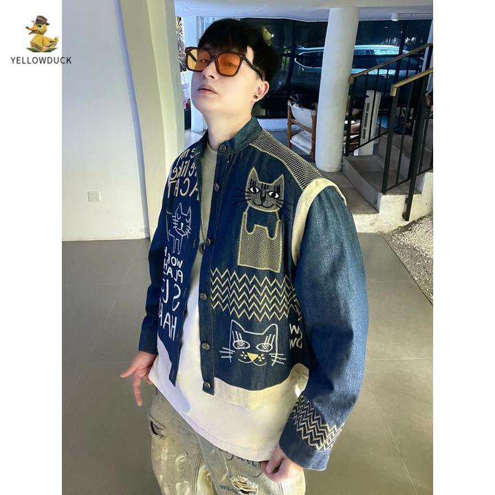 卡通小猫刺绣牛仔夹克的男人和女人美国覆古覆古宽松立领夹克时髦