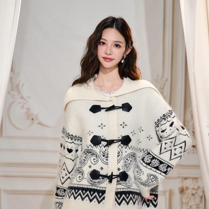 THREE QUARTERS 25AW白色兔毛腰果花翻领开衫毛衣