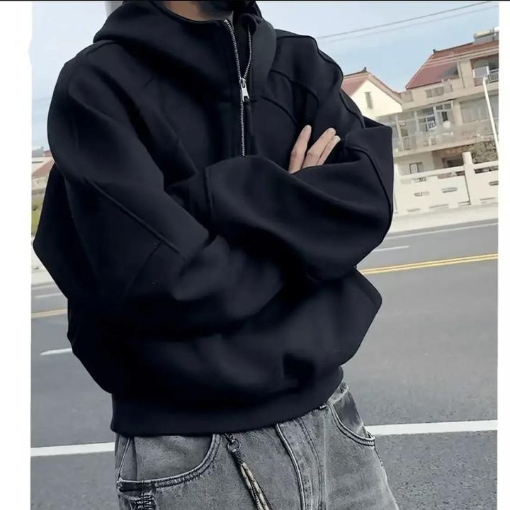 黑色超重磅挺阔连帽卫衣男秋季短宽半拉链外套解构拼接设计感上衣