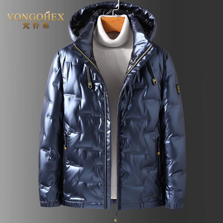 VONGOHEX冬季短款羽绒服男亮面免洗连帽防风保暖外套帅气百搭
