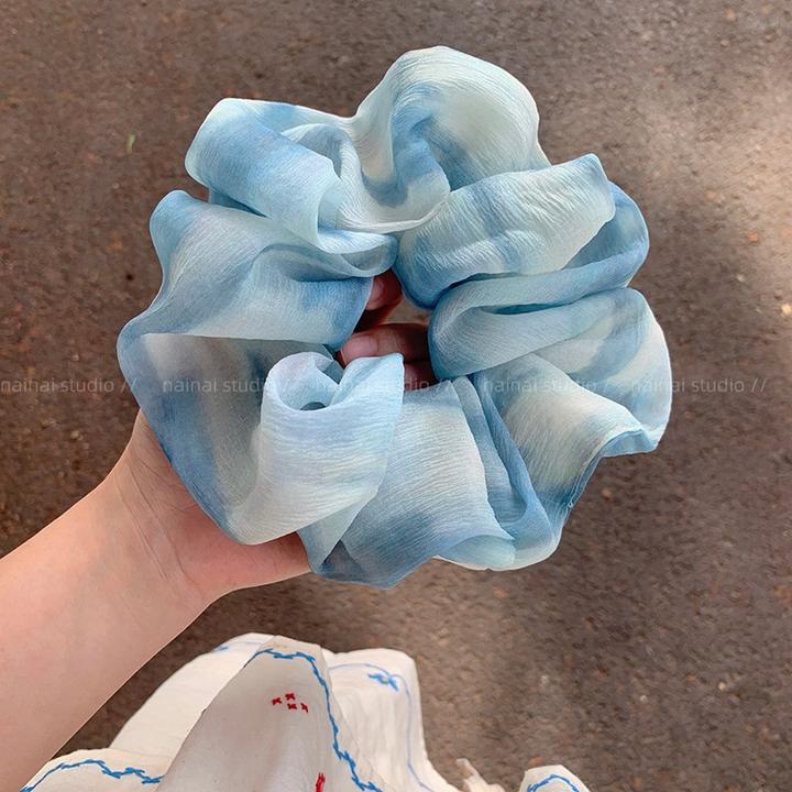 蓝色扎染雪纺大肠发圈晕染高级感韩系ins风丸子头发绳头绳扎头发
