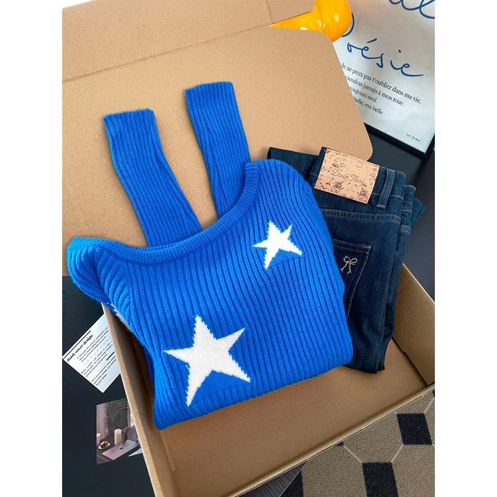 早秋慵懒风蓝色时尚斜肩针织打底衫女内搭高级感露肩修身长袖上衣