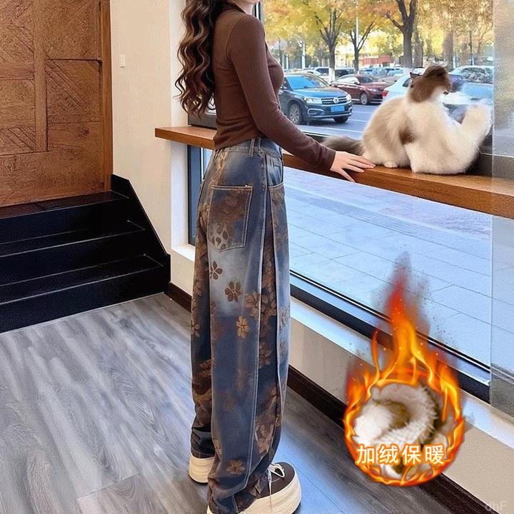加绒加厚时尚复古女士直筒牛仔裤女2025冬季新款高腰宽松阔腿长裤