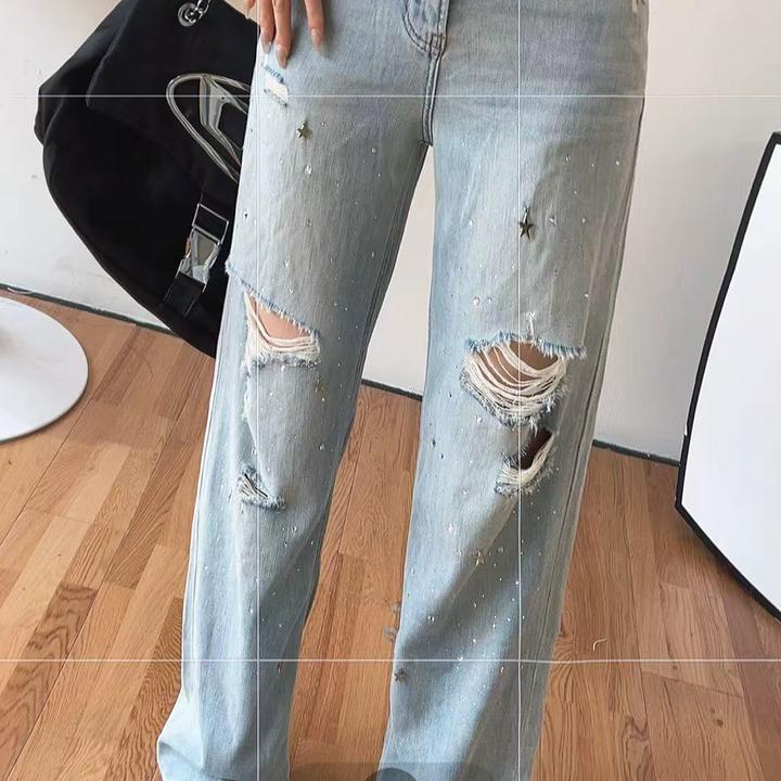 高腰破洞阔腿牛仔裤女宽松显瘦直筒垂感拖地裤春季新款