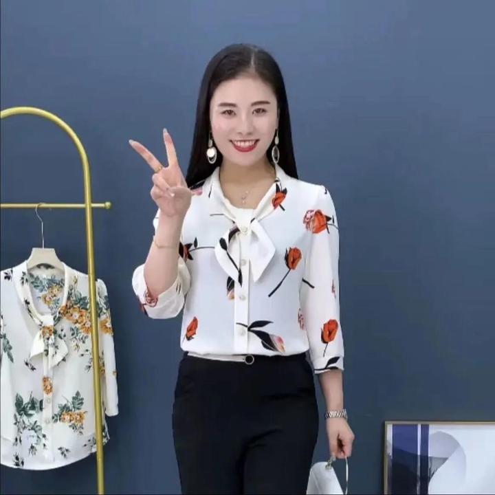 高档2022夏季新款七分袖飘带雪纺衫时尚妈妈装宽松遮肚薄款衬衫女