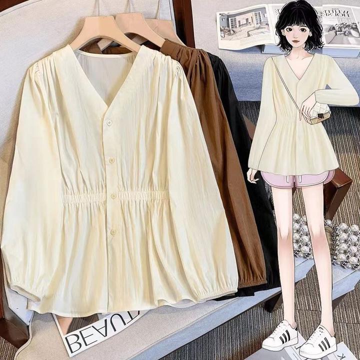 美拉德气质V领收腰衬衫女春季大码胖mm洋气高级感显瘦遮肚子上衣
