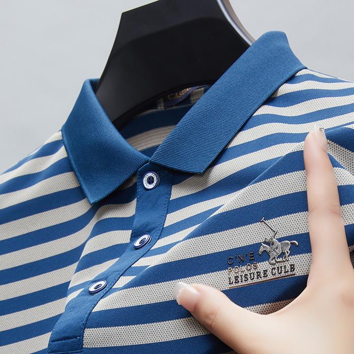 夏季条纹中青年休闲时尚商务男装短袖爸爸装翻领运动上衣轻奢T恤