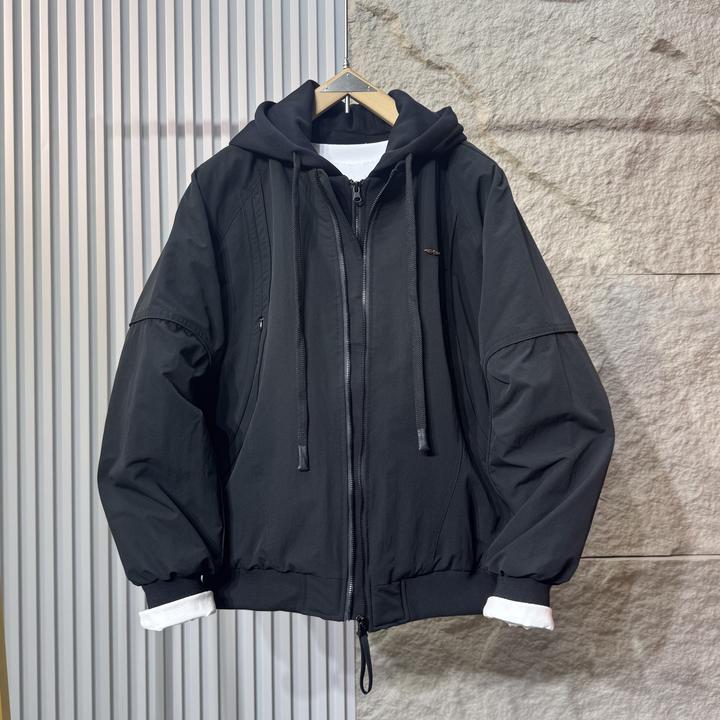 冬季新款美式假两件连帽棉服男宽松时尚设计拼接保暖纯色薄棉外套