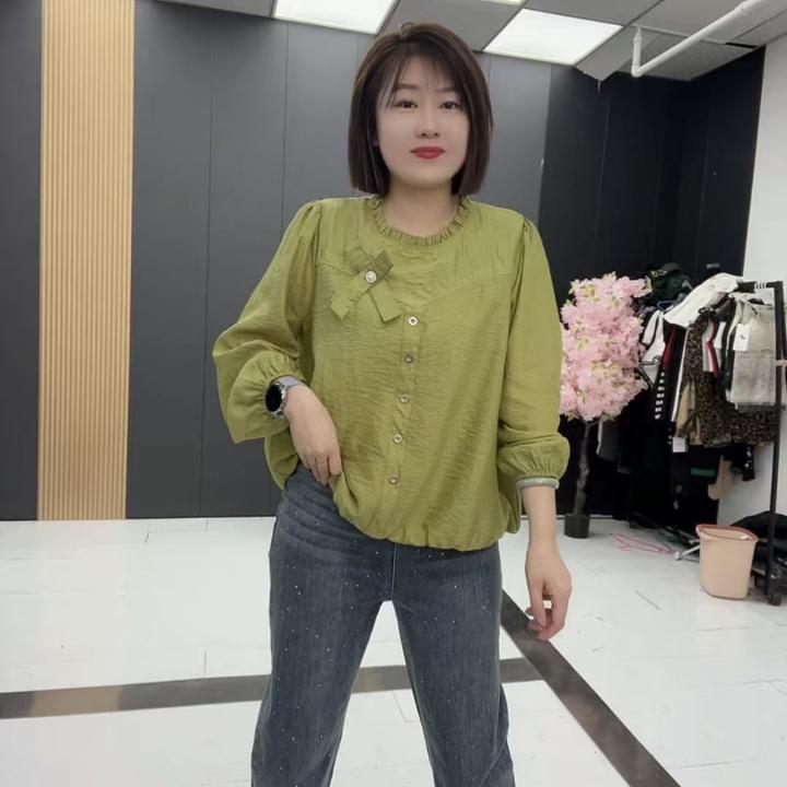 JM2535时尚圆领宽松褶皱大码糖果色T恤透气长袖