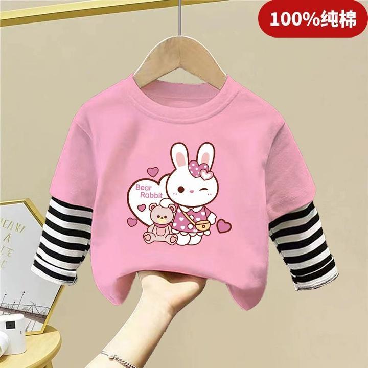 女童秋装纯棉长袖T恤儿童衣服2025春秋新款洋气爆款假两件上衣潮5