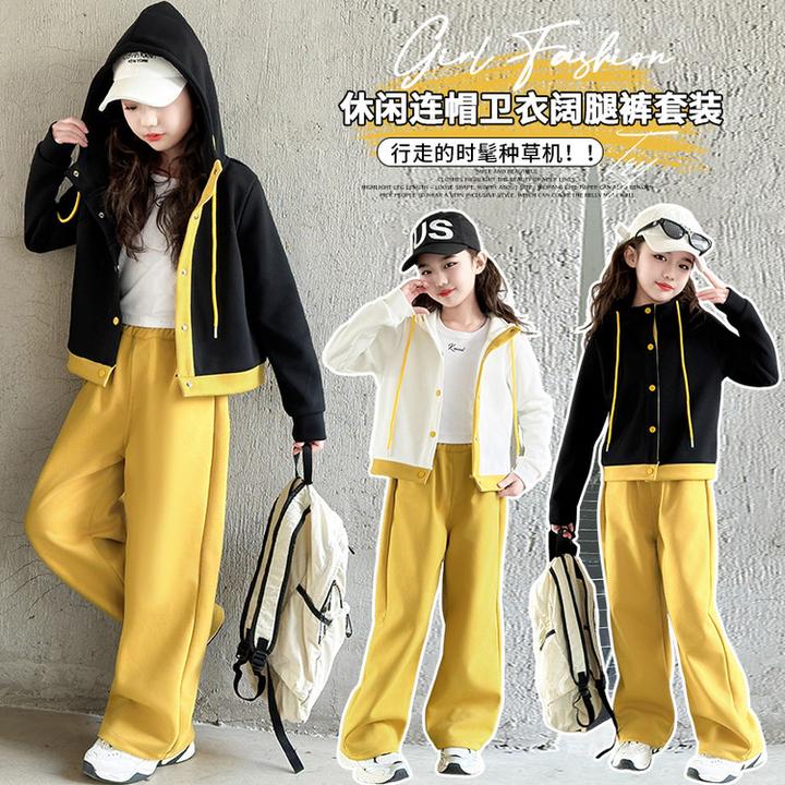 中大童女童休闲春秋拼色儿童过年服套装新年战袍套装女孩女童套装